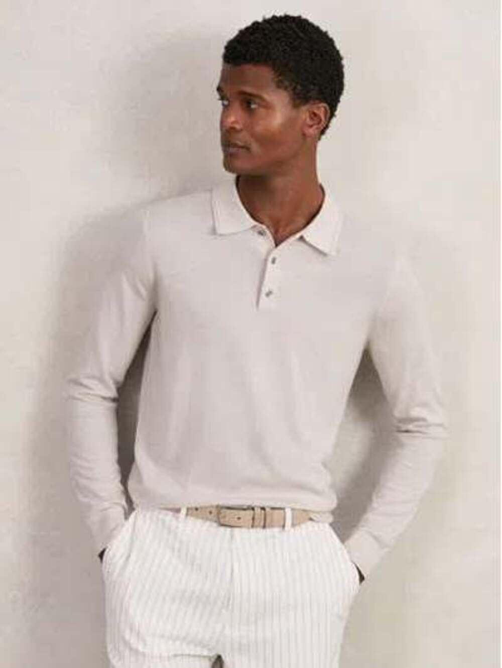 REISS Trafford Long Sleeved Half Button Merino Wool Polo In Neutral